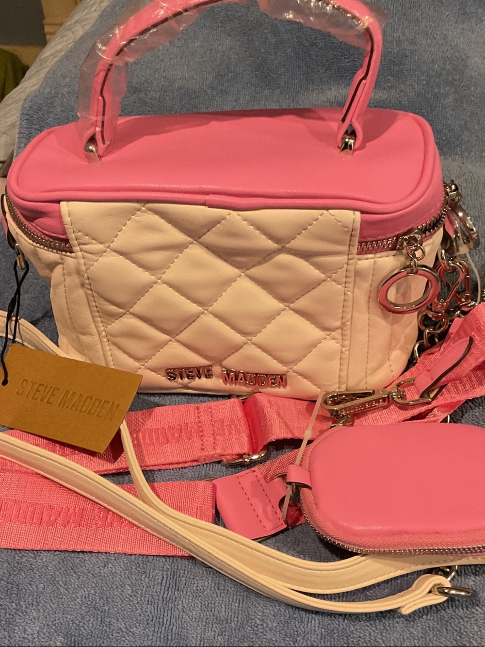 Steve Madden Pink and Cream Quilted Top-Handle Crossbody with Pouch